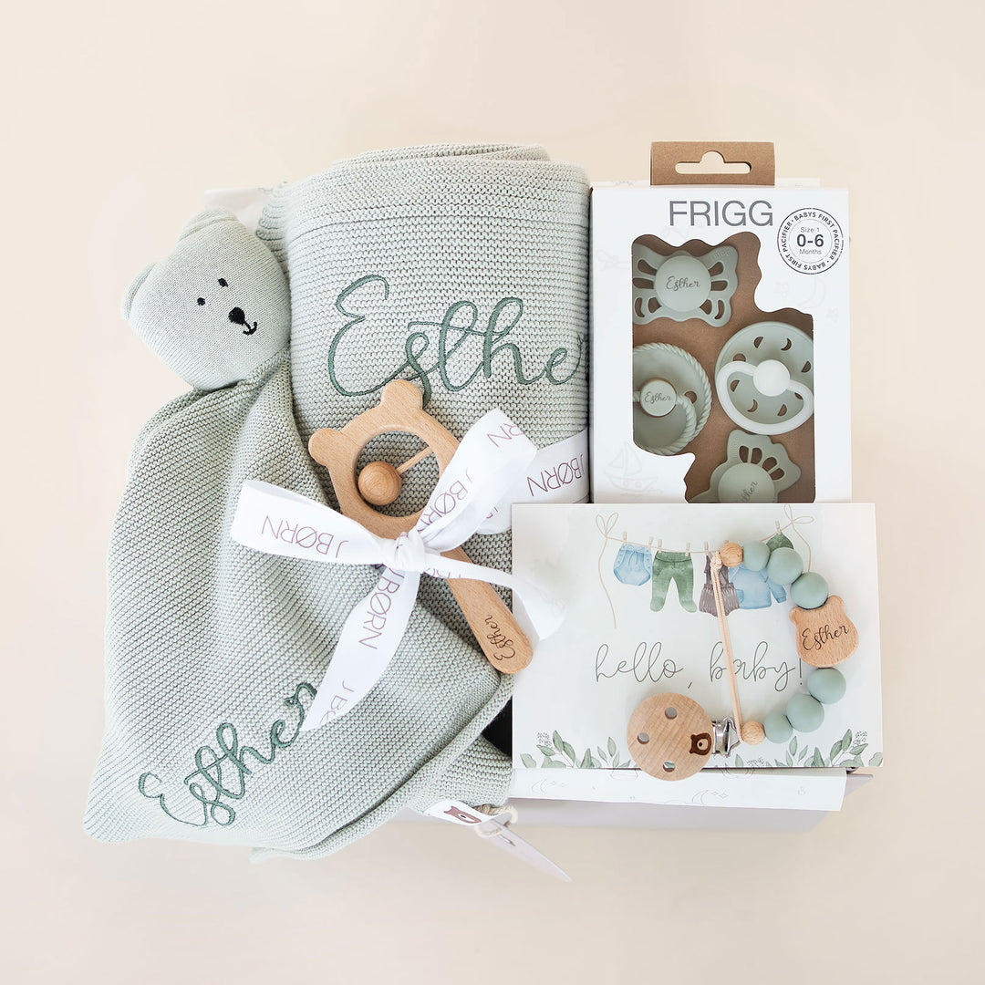 JBØRN Knitted Blanket Gift Box Bundle Sage - Personalisable Baby Products Sold and Personalised by JustBørn