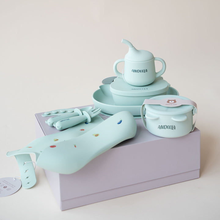 JBØRN Baby Weaning Full Essentials Gift Box Veggies Seafoam - Personalisable Baby Products Sold and Personalised by JustBørn