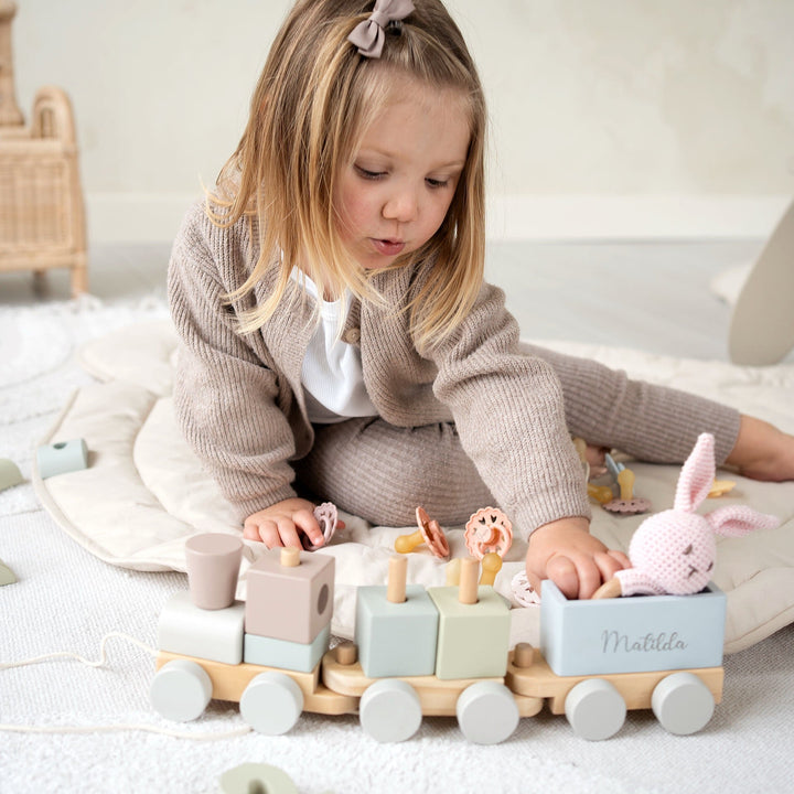 JBØRN Personalised Wooden Pull-Along Stacking Train Set - Personalisable Baby Products Sold and Personalised by JustBørn