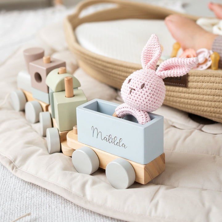 JBØRN Personalised Wooden Pull-Along Stacking Train Set - Personalisable Baby Products Sold and Personalised by JustBørn