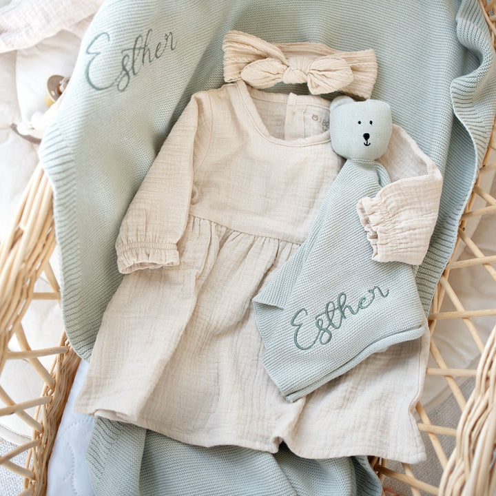 JBØRN Organic Cotton Muslin Baby Girl Dress and Bow - Personalisable Baby Products Sold and Personalised by JustBørn