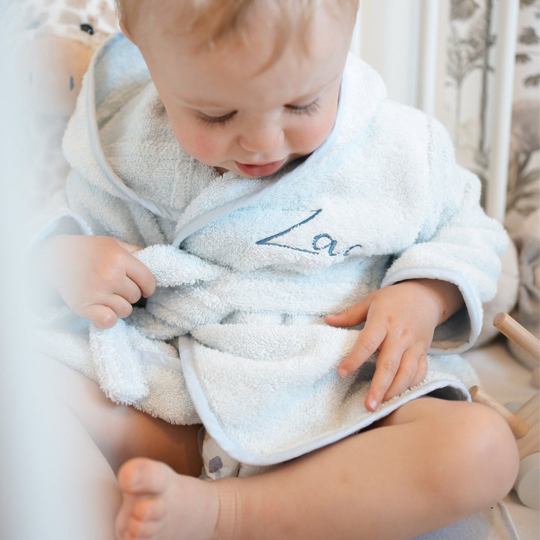 JBØRN Organic Cotton Baby Hooded Towelling Bathrobe Baby Blue - Personalisable Baby Products Sold and Personalised by JustBørn