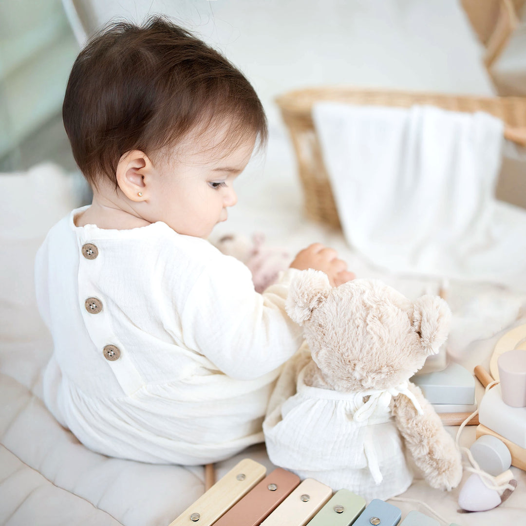 JBØRN Organic Cotton Muslin Baby Girl Dress and Bow - Personalisable Baby Products Sold and Personalised by JustBørn