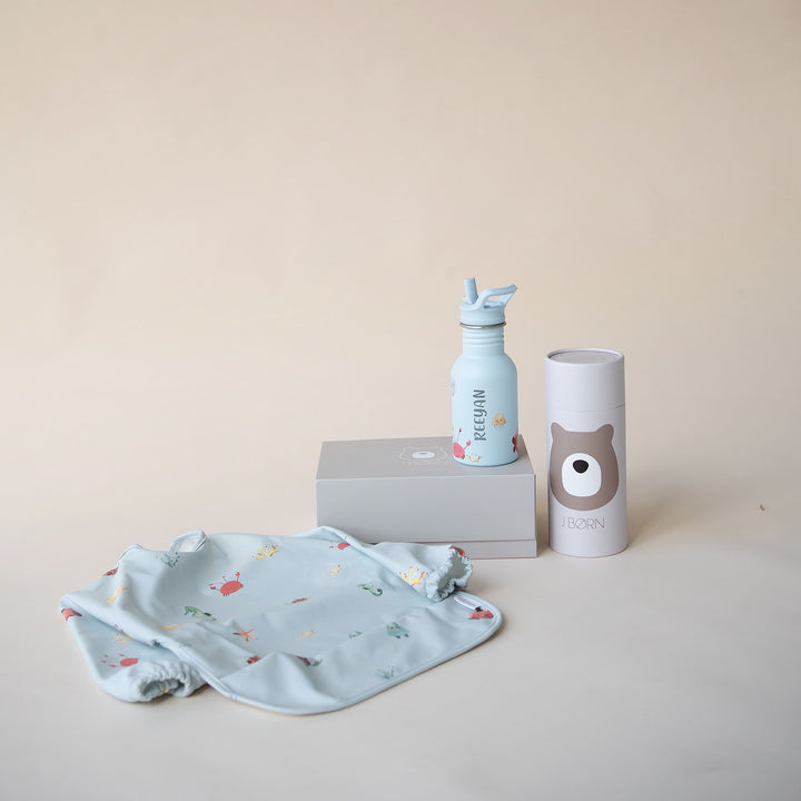 JBØRN First Birthday Gift | Personalised Water Bottle & Matching Sleeved Bib Ocean - Personalisable Baby Products Sold and Personalised by JustBørn