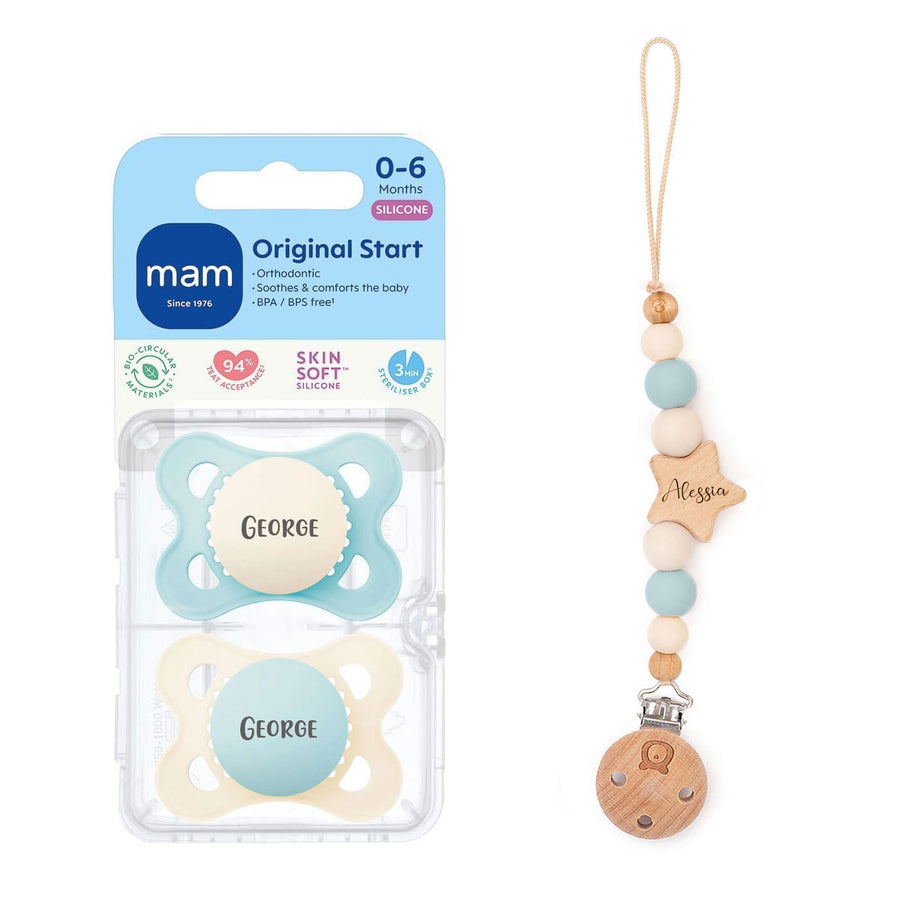MAM Original Soother 0-6 Months & Matching Pacifier Clip Original Cream & Baby Blue Yes - Personalisable Baby Products Sold and Personalised by JustBørn