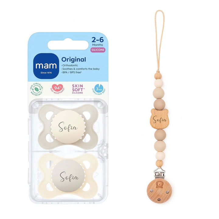MAM Original Soother 0-6 Months & Matching Pacifier Clip Original Cream & Vanilla - Personalisable Baby Products Sold and Personalised by JustBørn