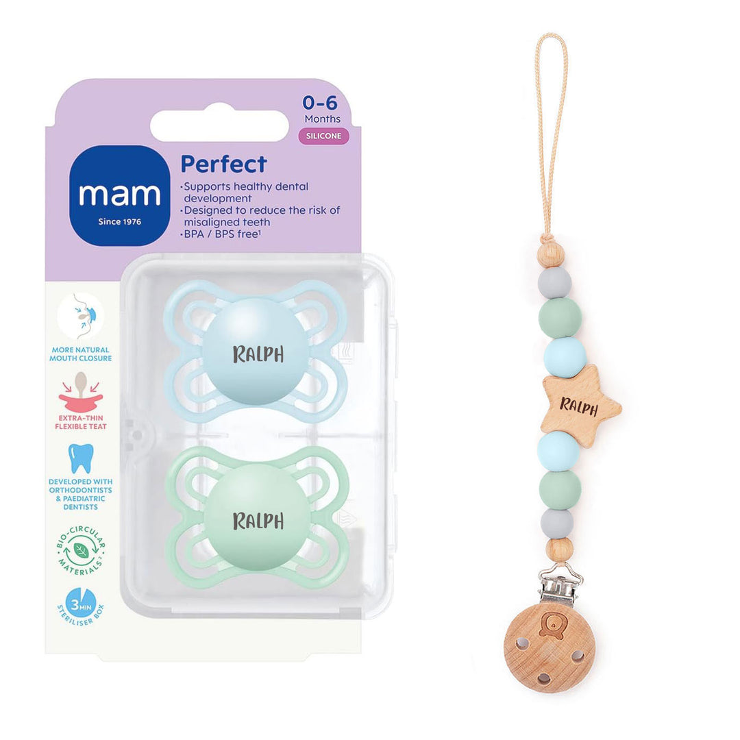 MAM Perfect Soother 0-6 Months & Matching Pacifier Clip Baby Blue & Seafoam - Personalisable Baby Products Sold and Personalised by JustBørn