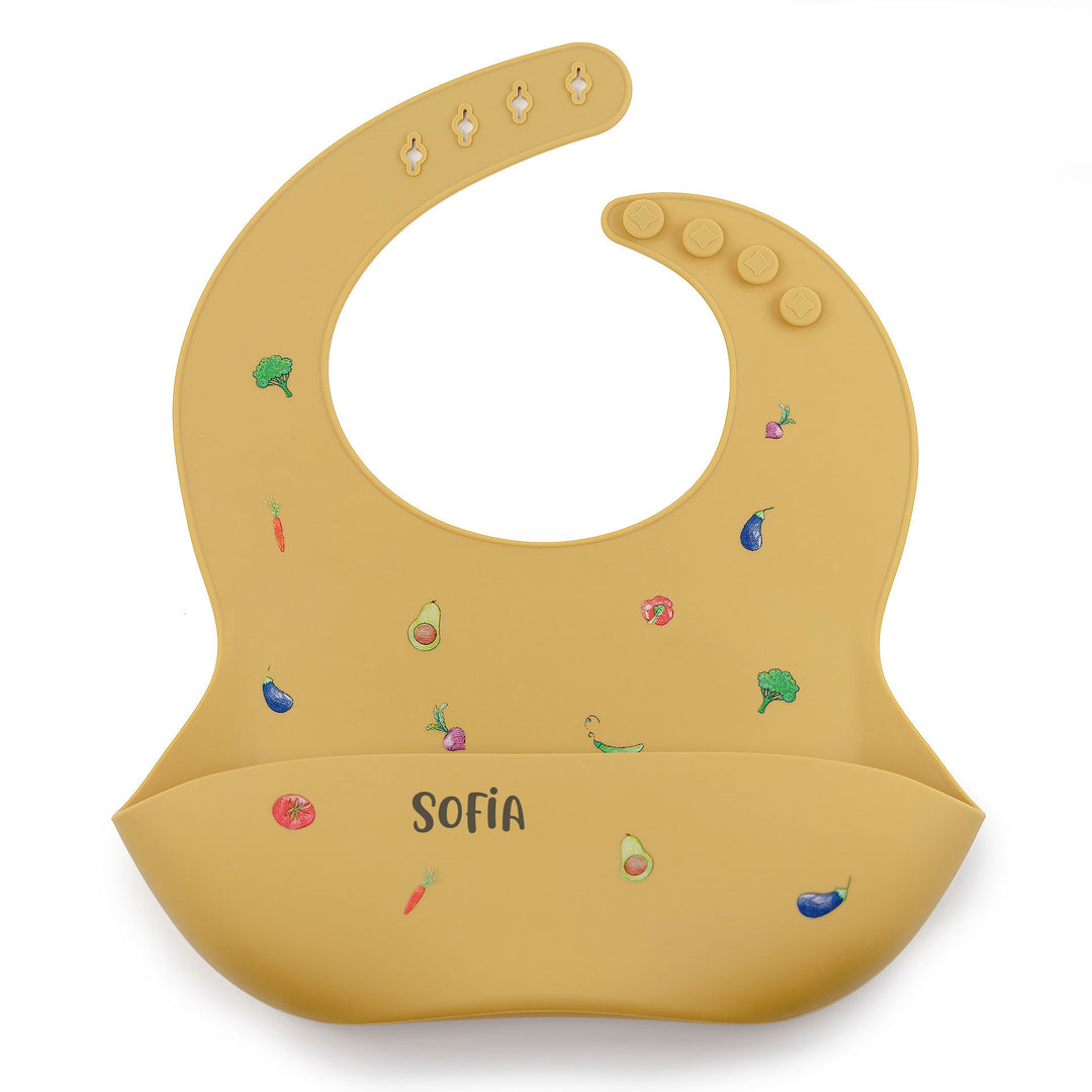 JBØRN Silicone Baby Feeding Bib Mustard Veg - Personalisable Baby Products Sold and Personalised by JustBørn