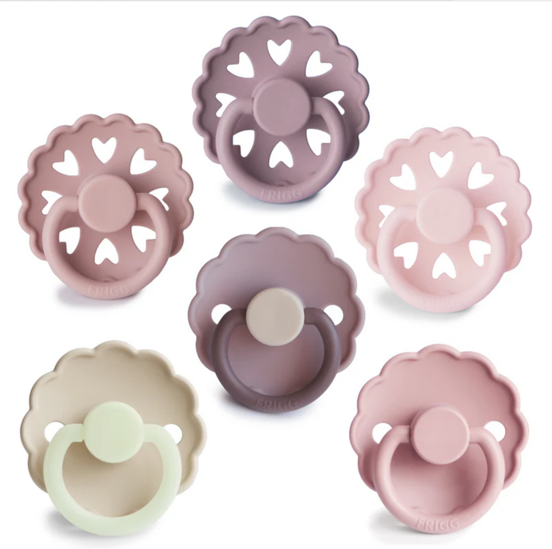 FRIGG Daisy Pack of 6 Natural Rubber Latex Pacifiers + Matching Holders Blooming Love Size 2 (6-18m) - Personalisable Baby Products Sold and Personalised by JustBørn