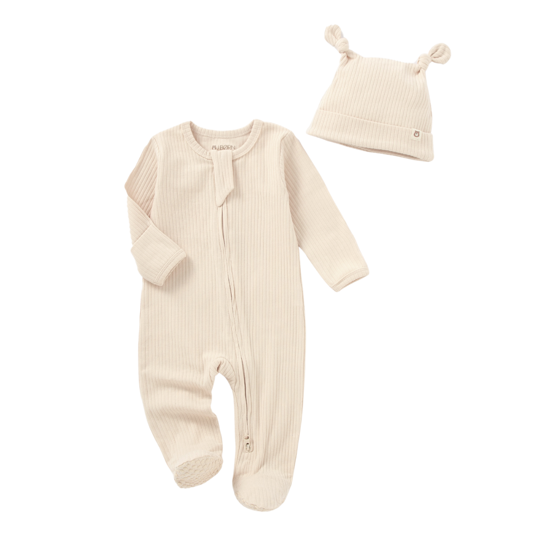 JBØRN Organic Cotton Ribbed Baby Sleep Suit and Hat Ribbed Cream - Personalisable Baby Products Sold and Personalised by JustBørn