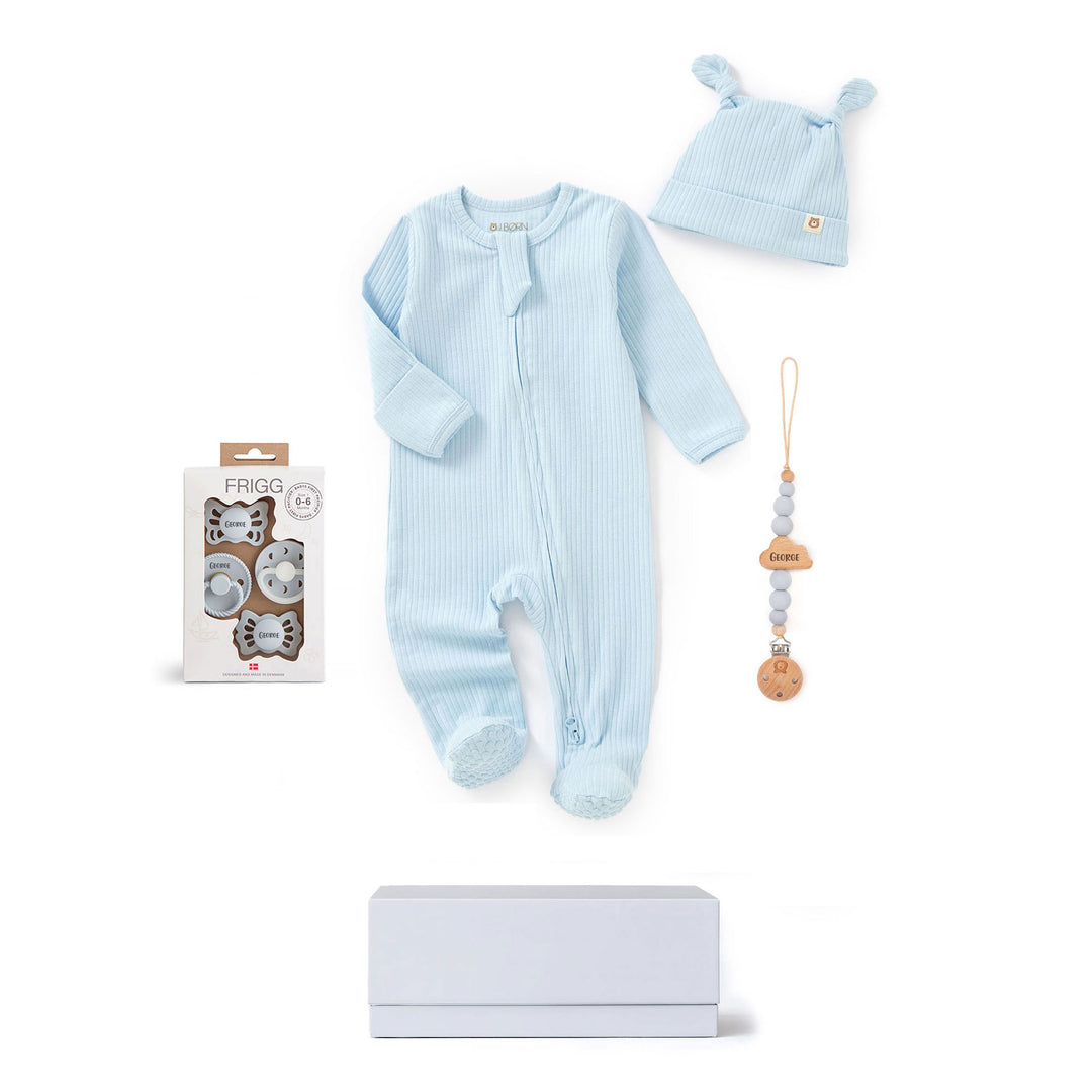 JBØRN x FRIGG Baby Gift Set | Organic Cotton Sleepsuit, First Pacifiers & Matching Clip Powder Blue - Personalisable Baby Products Sold and Personalised by JustBørn