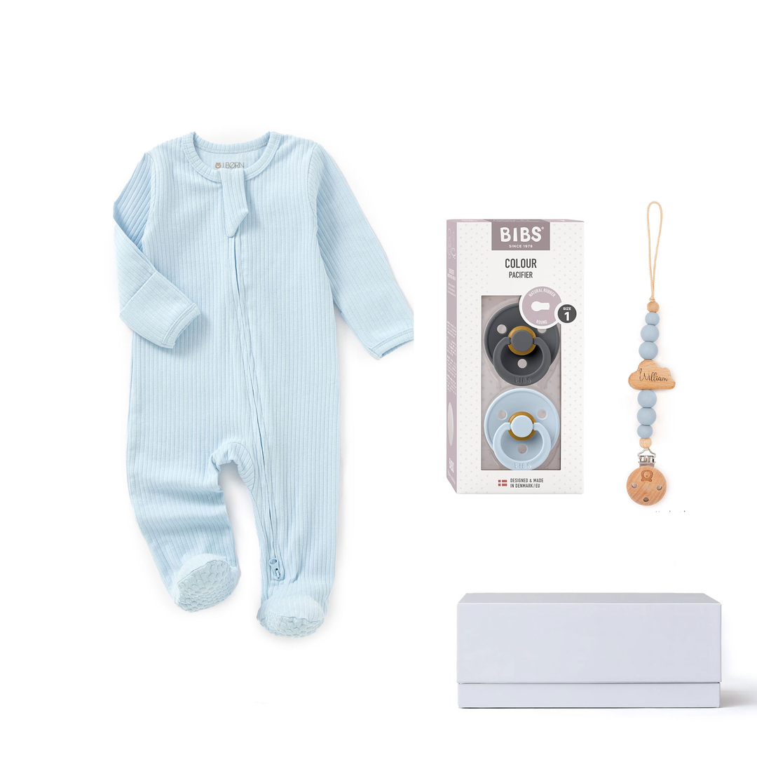 JBØRN Organic Cotton Baby Sleep Suit & Pacifiers Set | Baby Boy Baby Blue Sleepsuit & BIBS Colour Latex Pacifiers - Personalisable Baby Products Sold and Personalised by JustBørn