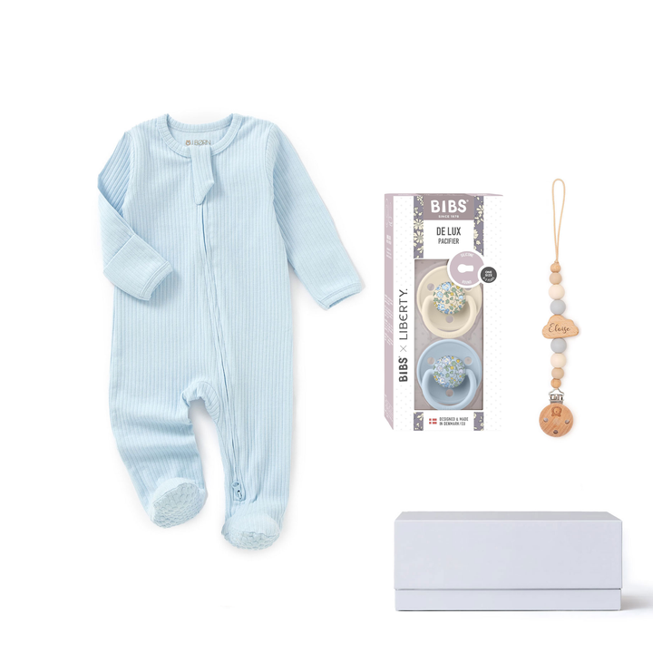 JBØRN Organic Cotton Baby Sleep Suit & Pacifiers Set | Baby Boy Baby Blue Sleepsuit & BIBS De Lux Silicone Pacifiers - Personalisable Baby Products Sold and Personalised by JustBørn