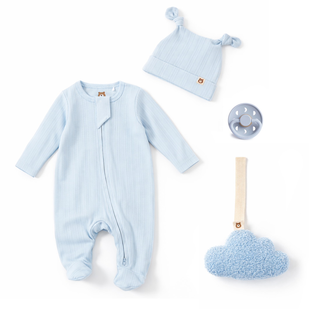 JBØRN Ribbed Bamboo Sleepsuit, Comforter & Pacifier Set Baby Blue | Sleepsuit & Pacifier Set - Personalisable Baby Products Sold and Personalised by JustBørn