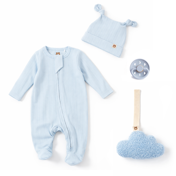 JBØRN Ribbed Bamboo Sleepsuit, Comforter & Pacifier Set Baby Blue | Sleepsuit & Pacifier Set - Personalisable Baby Products Sold and Personalised by JustBørn