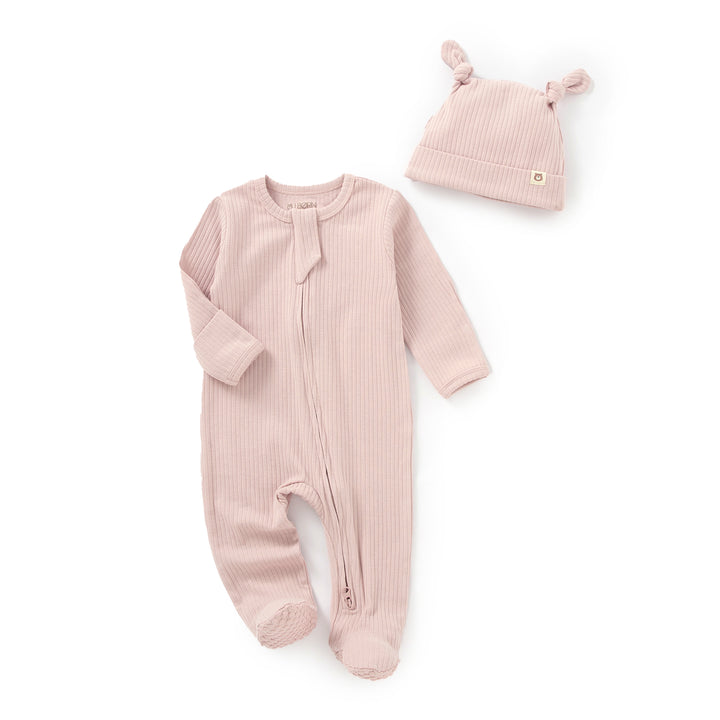 JBØRN Organic Cotton Ribbed Baby Sleep Suit and Hat 0-3 months Ribbed Blush - Personalisable Baby Products Sold and Personalised by JustBørn