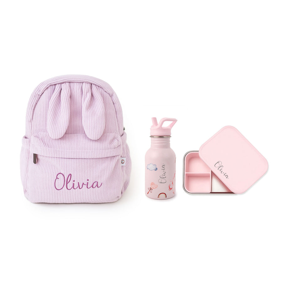 JBØRN Personalised Backpack, Water Bottle & Lunch Box Set Pink - Personalisable Baby Products Sold and Personalised by JustBørn
