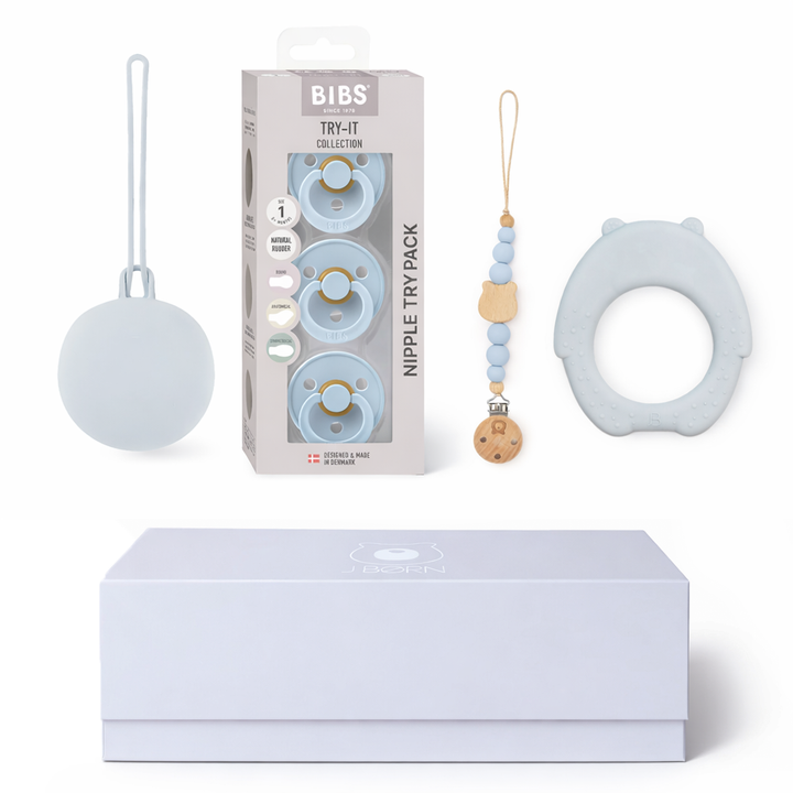 JBØRN X BIBS Gift Box | First Pacifiers with Matching Holders & Personalised Teether Powder Blue - Personalisable Baby Products Sold and Personalised by JustBørn