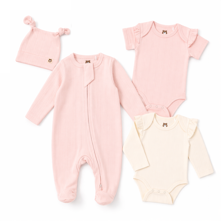 JBØRN Ribbed Bamboo Essential Bundle | 4 Pieces Blossom | 4-Piece Set | Frill - Personalisable Baby Products Sold and Personalised by JustBørn