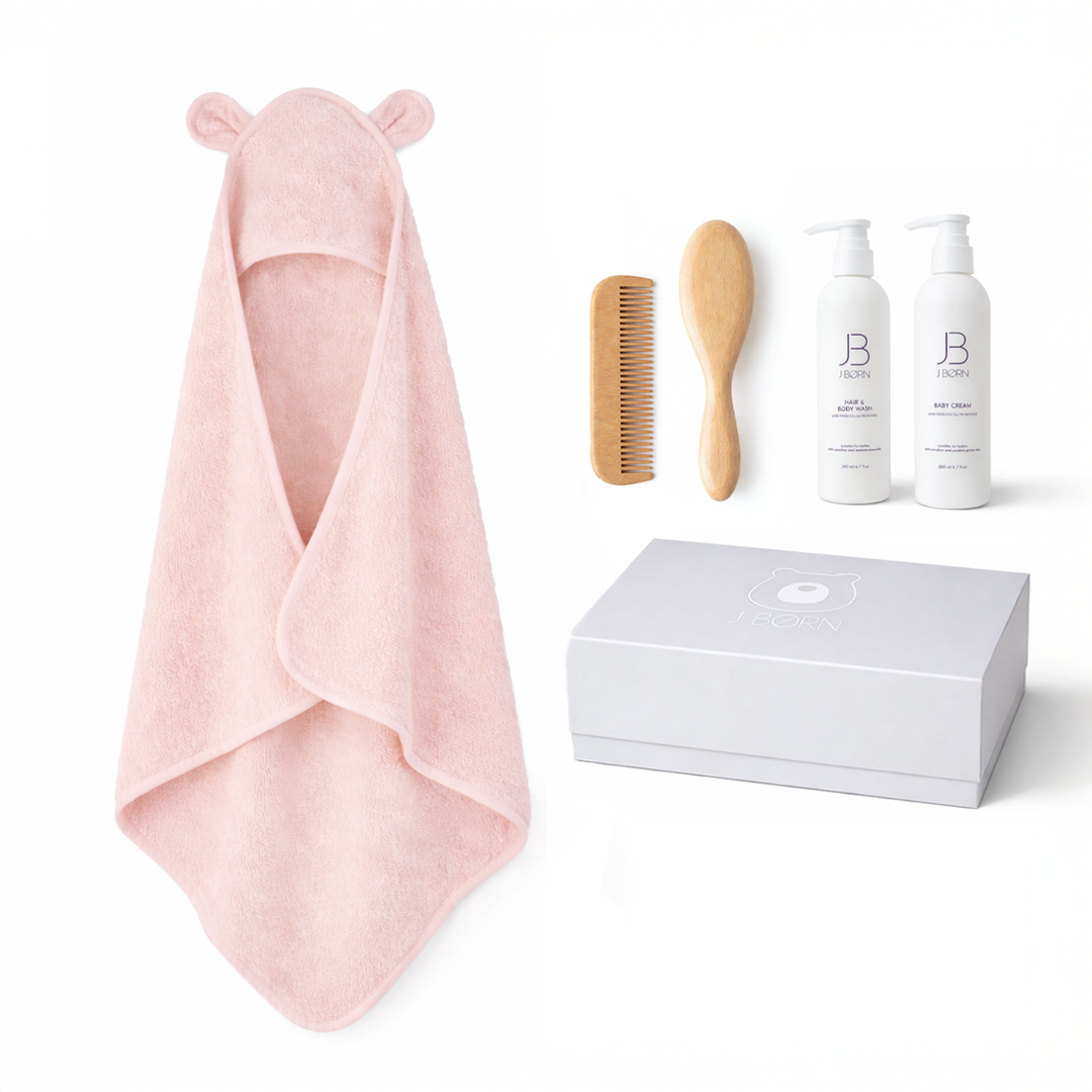 JBØRN Baby Bath Gift Set | Towel, Brush Set & Skincare Blossom Baby Bath Gift Set - Personalisable Baby Products Sold and Personalised by JustBørn