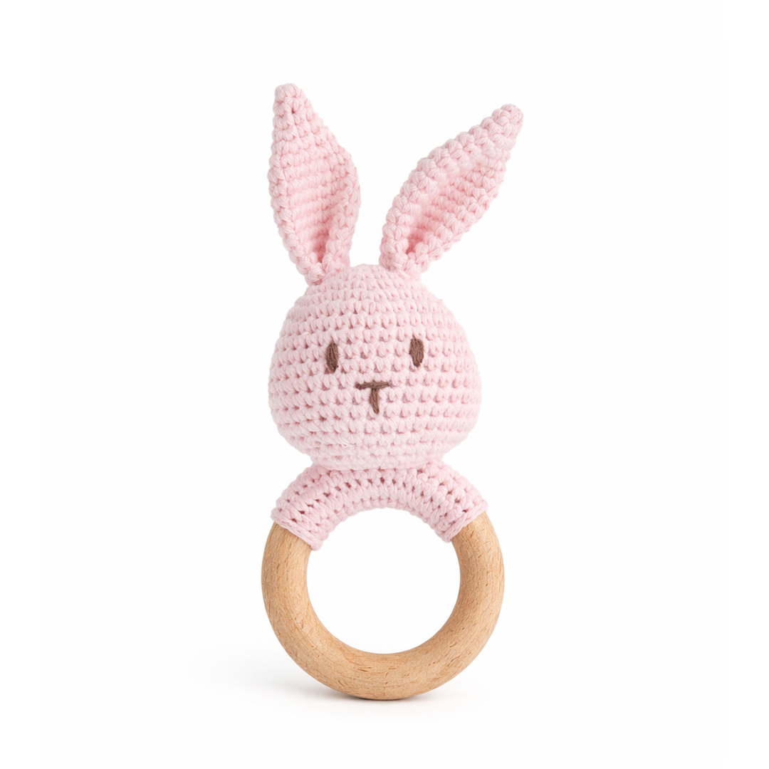 JBØRN Crochet Bunny Rattle Toy Blossom - Personalisable Baby Products Sold and Personalised by JustBørn