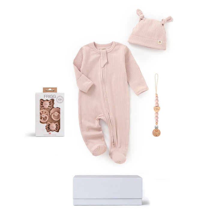 JBØRN x FRIGG Baby Gift Set | Organic Cotton Sleepsuit, First Pacifiers & Matching Clip Blush - Personalisable Baby Products Sold and Personalised by JustBørn