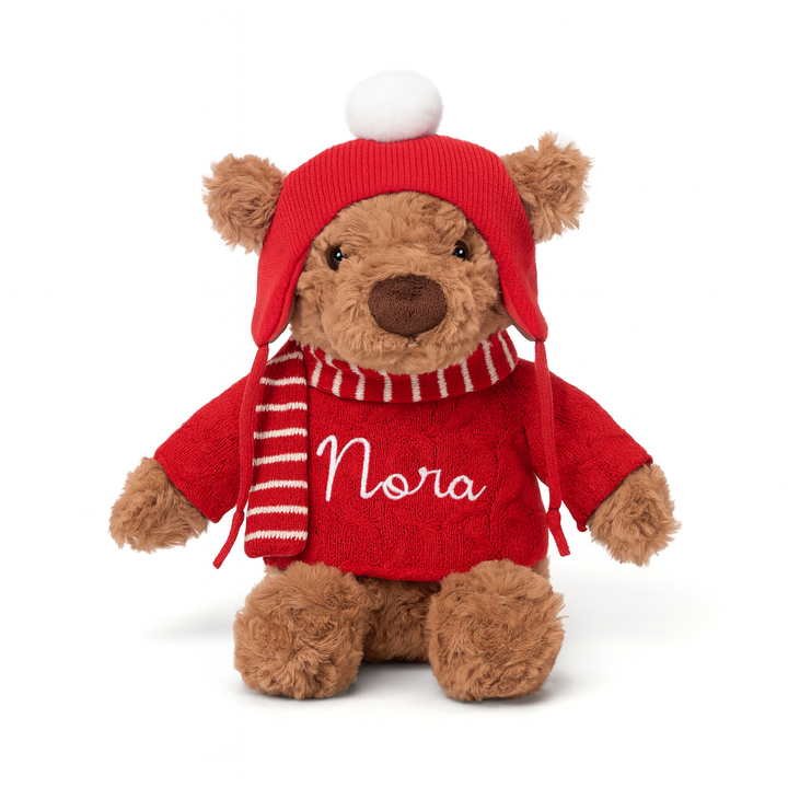 JBØRN Christmas Teddy Bear Soft Toy with Personalised Festive Outfit - Personalisable Baby Products Sold and Personalised by JustBørn