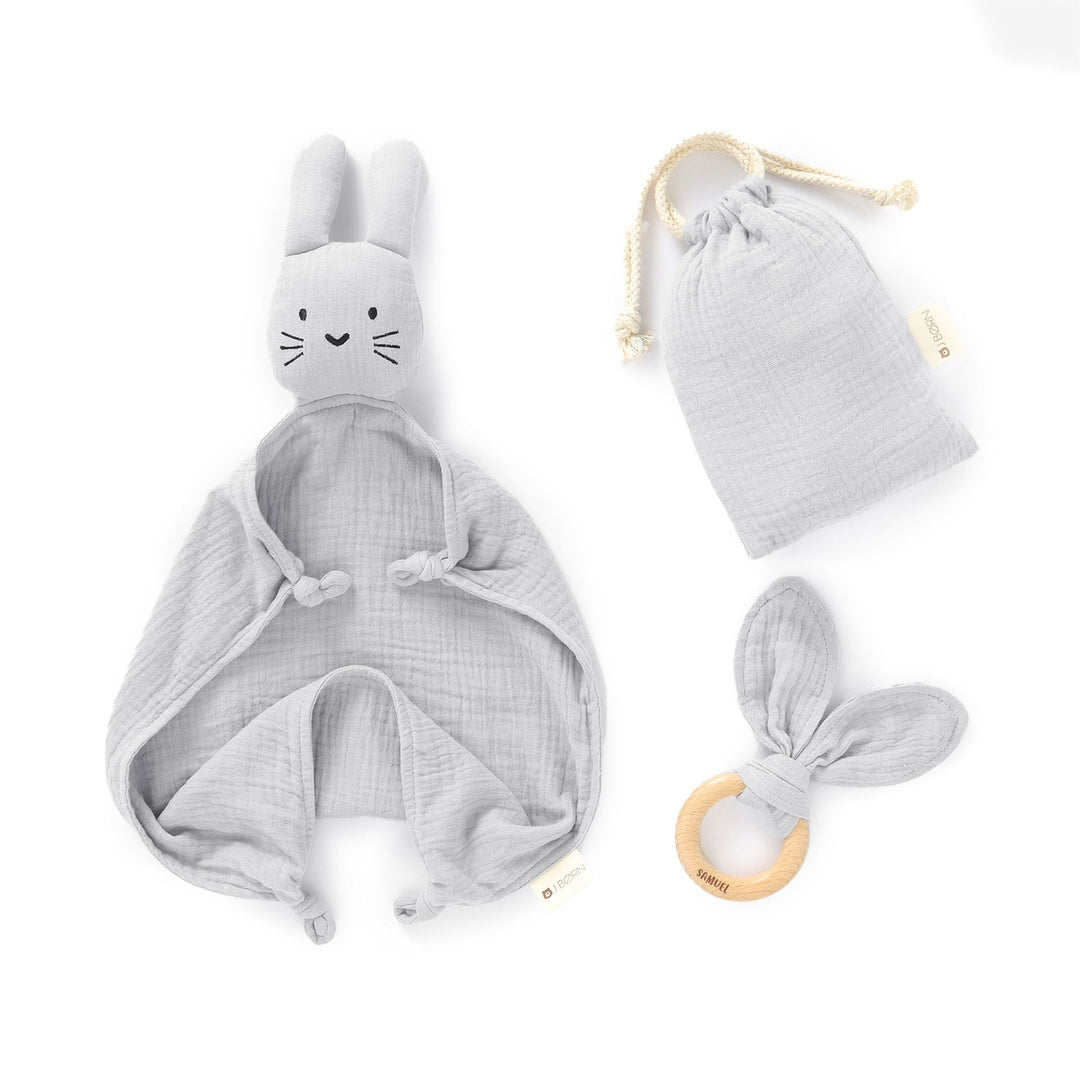 JBØRN Organic Cotton Bunny Comforter & Teether Set Cloud Muslin - Personalisable Baby Products Sold and Personalised by JustBørn