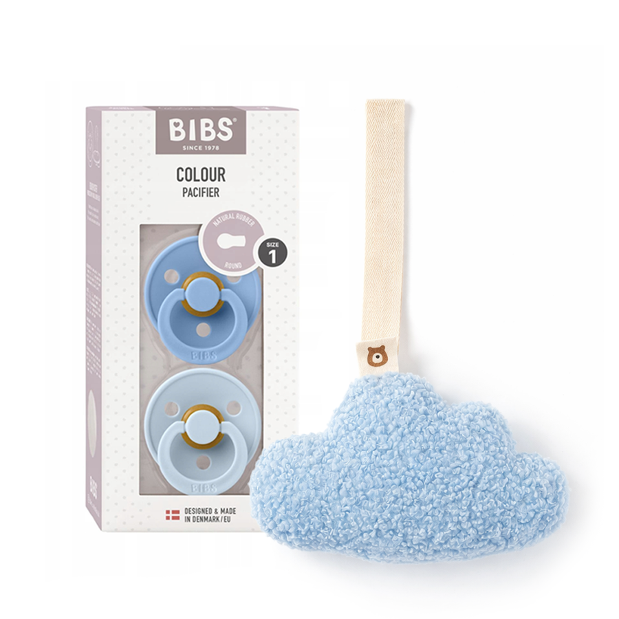 JBØRN x BIBS Latex Round Pacifier Duo & Personalised Plush Holder Set Cloud Set | Sky Blue & Baby Blue - Personalisable Baby Products Sold and Personalised by JustBørn