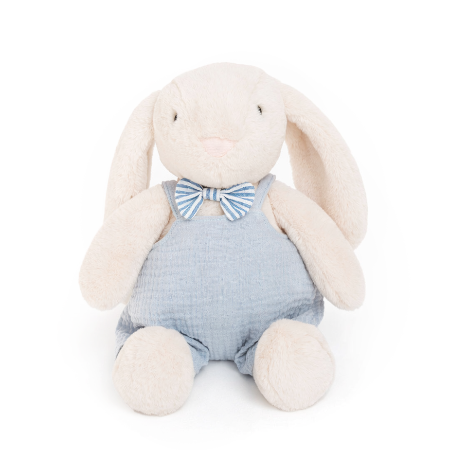 JBØRN Cream Bunny Soft Toy with Personalised Outfit Cream Cuddle Bunny in Blue Dungarees - Personalisable Baby Products Sold and Personalised by JustBørn