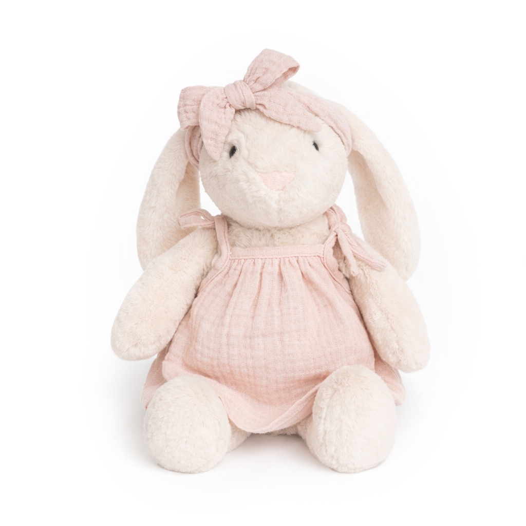 JBØRN Cream Bunny Soft Toy with Personalised Outfit Cream Cuddle Bunny in Blush Tie Dress - Personalisable Baby Products Sold and Personalised by JustBørn