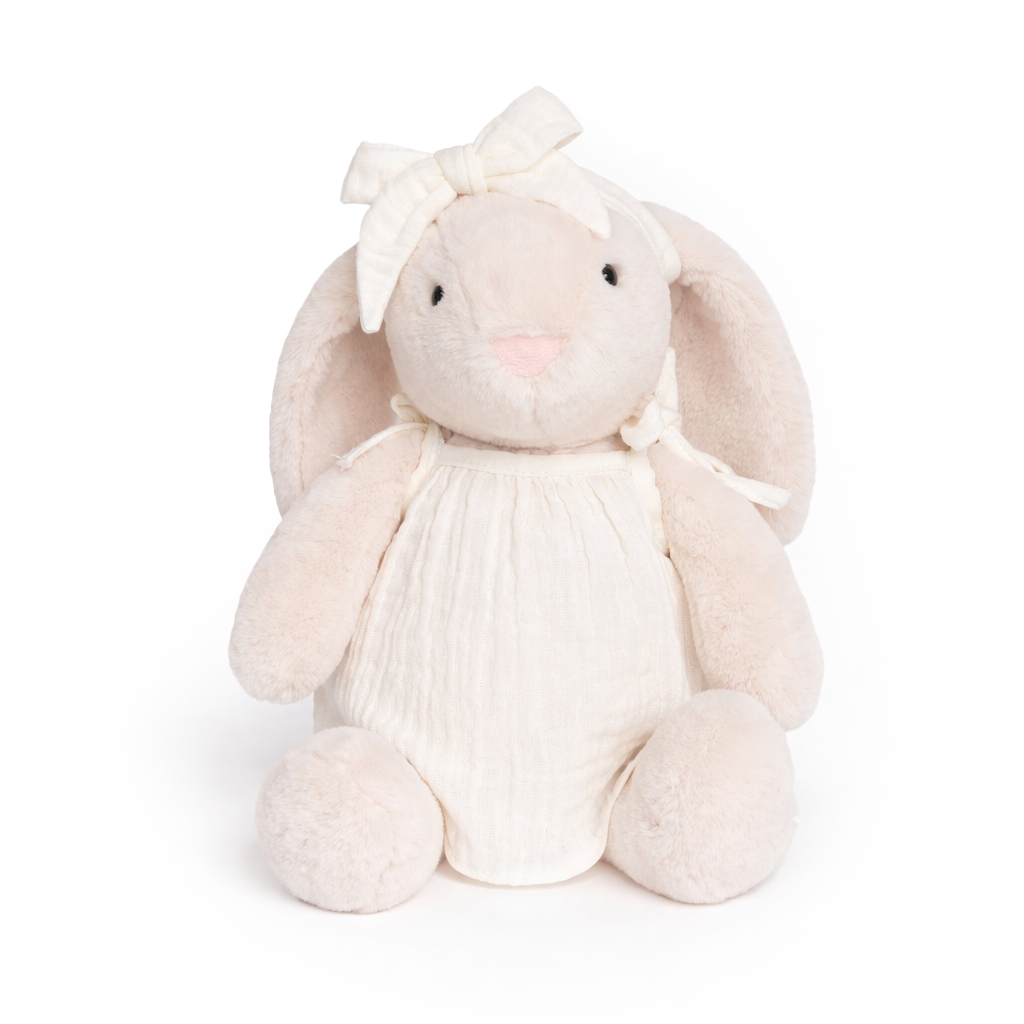 JBØRN Cream Bunny Soft Toy with Personalised Outfit Cream Cuddle Bunny in Ivory Tie Dress - Personalisable Baby Products Sold and Personalised by JustBørn