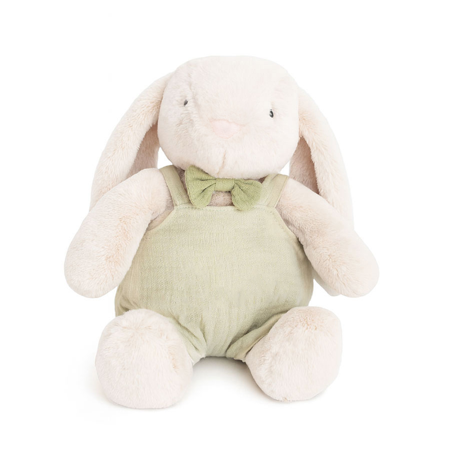 JBØRN Cream Bunny Soft Toy with Personalised Outfit Cream Cuddle Bunny in Pistachio Dungarees - Personalisable Baby Products Sold and Personalised by JustBørn