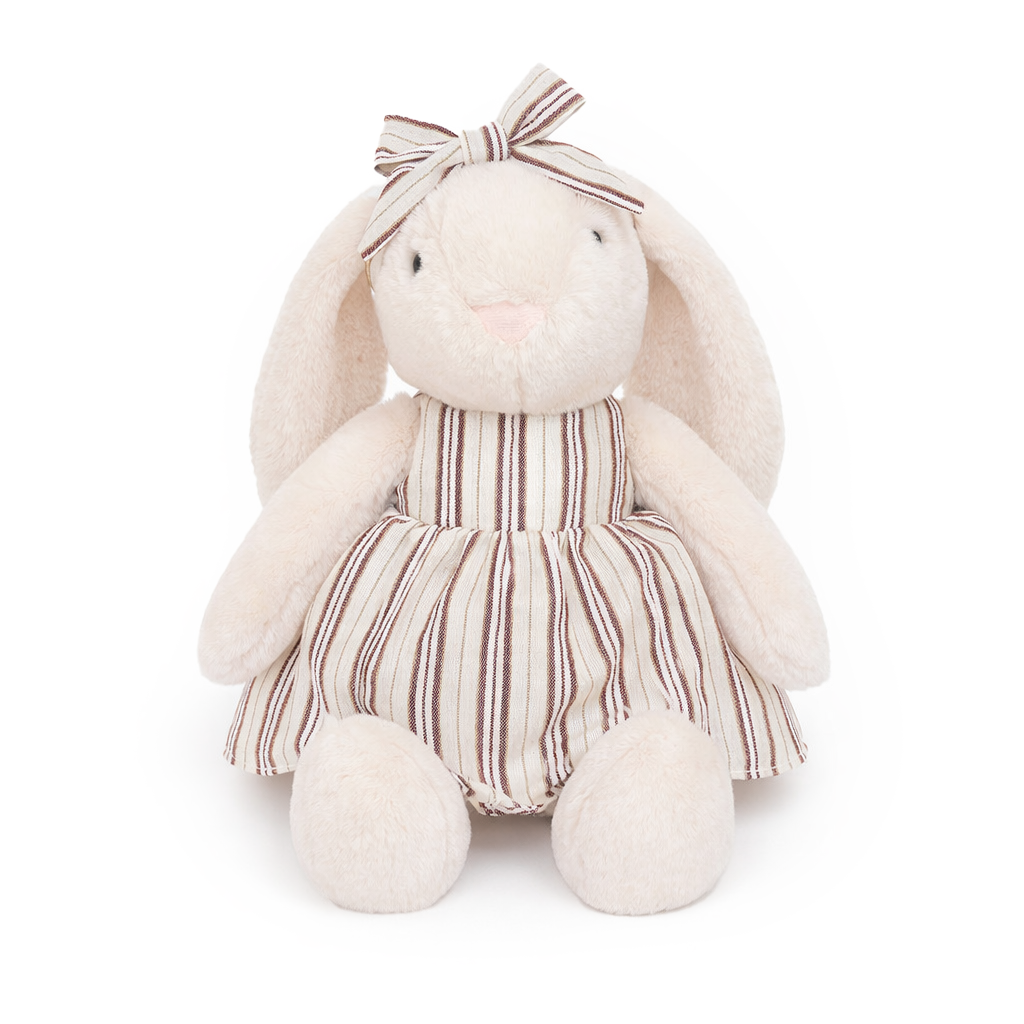 JBØRN Cream Bunny Soft Toy with Personalised Outfit Cream Cuddle Bunny in Striped Dress - Personalisable Baby Products Sold and Personalised by JustBørn