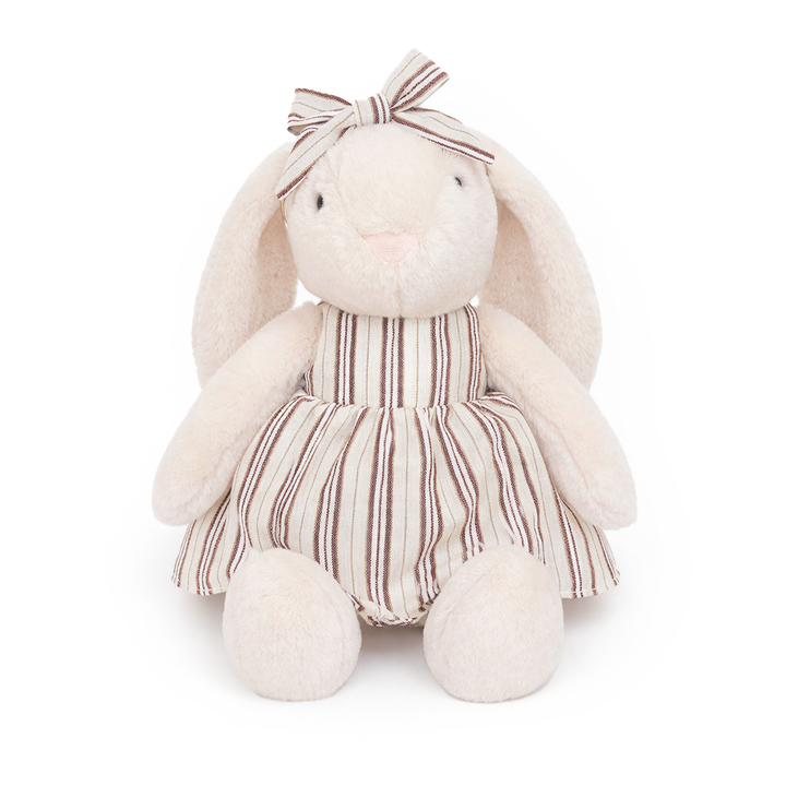 JBØRN Cream Bunny Soft Toy with Personalised Outfit Cream Cuddle Bunny in Striped Dress - Personalisable Baby Products Sold and Personalised by JustBørn