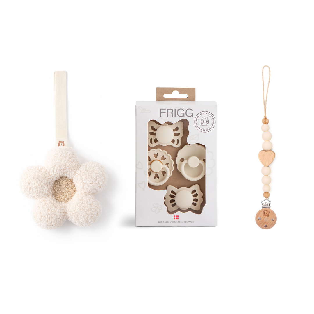 JBØRN x FRIGG Baby Gift Set | Baby's First Pacifiers Pack & Holders Set Floral Heart Plush Cream Set - Personalisable Baby Products Sold and Personalised by JustBørn