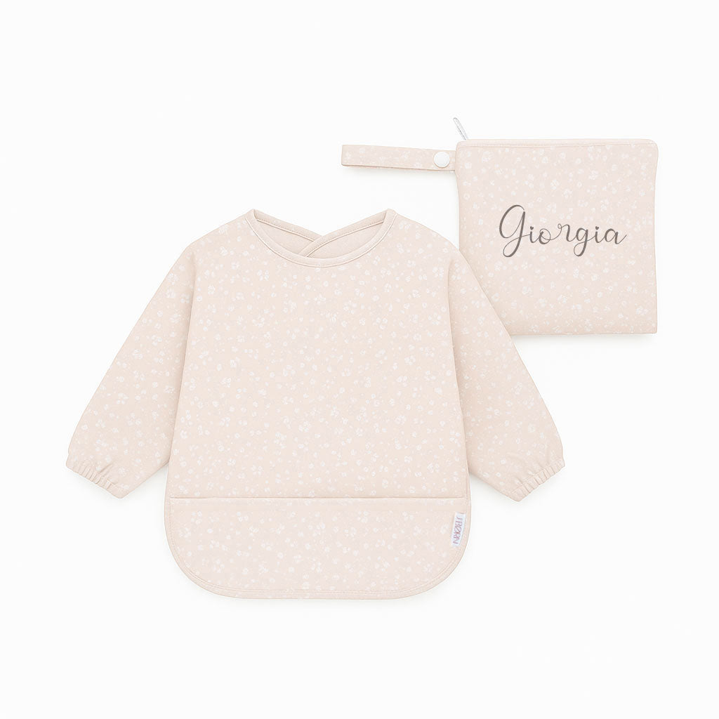 JBØRN Long Sleeve Baby Feeding Bib with Personalised Travel Bag Flowers Yes - Personalisable Baby Products Sold and Personalised by JustBørn