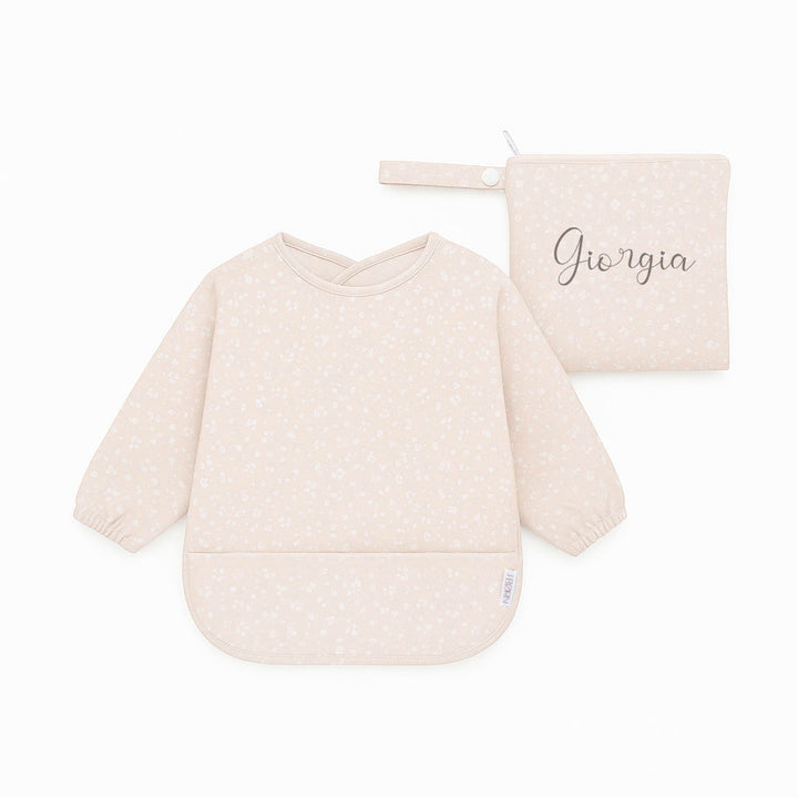 JBØRN Long Sleeve Baby Feeding Bib with Personalised Travel Bag Flowers Yes - Personalisable Baby Products Sold and Personalised by JustBørn