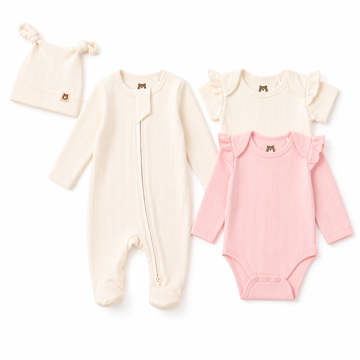 JBØRN Ribbed Bamboo Essential Bundle | 4 Pieces Ivory | 4-Piece Set | Frill - Personalisable Baby Products Sold and Personalised by JustBørn