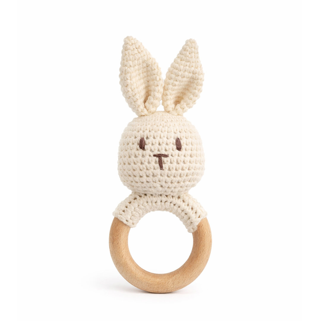 JBØRN Crochet Bunny Rattle Toy Ivory - Personalisable Baby Products Sold and Personalised by JustBørn