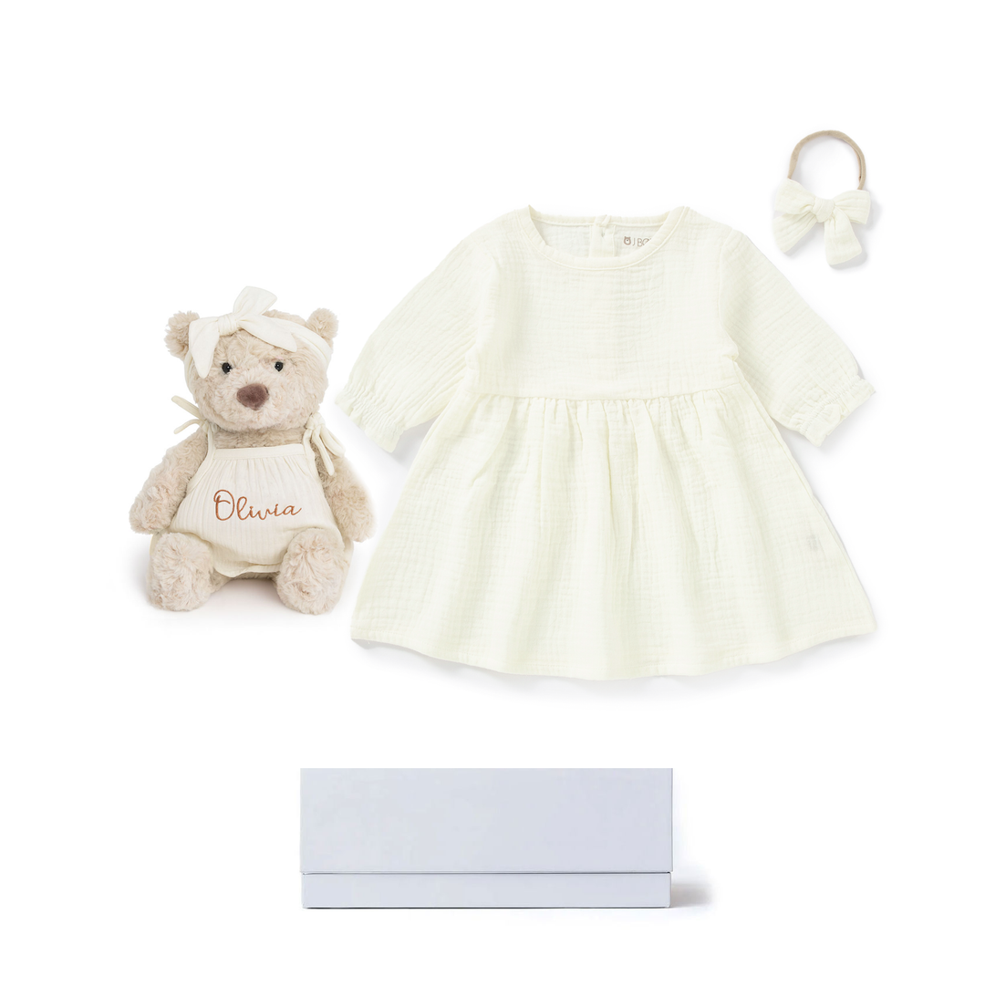 JBØRN Personalised Teddy & Matching Baby Dress | New Baby Girl Gift Set Ivory Muslin Dress Set - Personalisable Baby Products Sold and Personalised by JustBørn