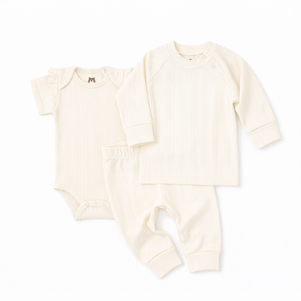 JBØRN Day to Night Set | Soft Bamboo Outfit Ivory | Pyjama & Frill Bodysuit - Personalisable Baby Products Sold and Personalised by JustBørn