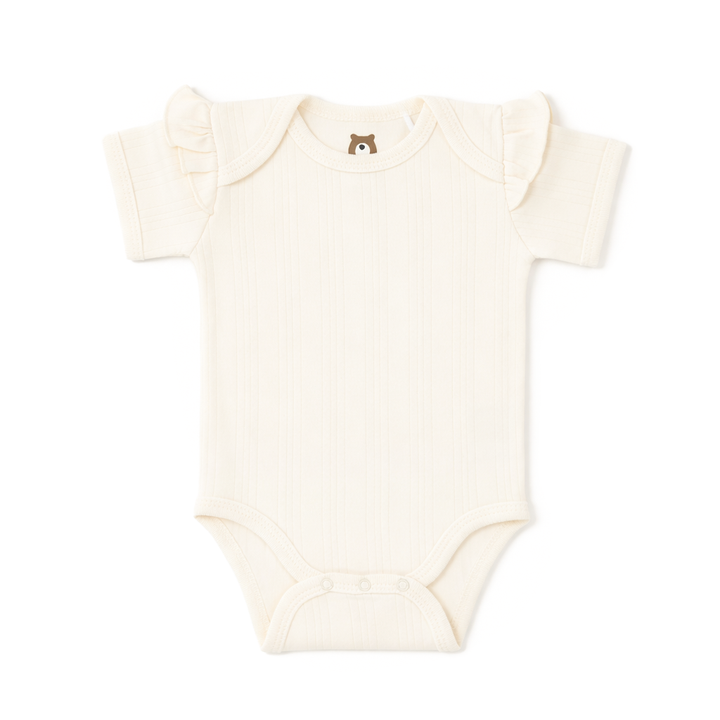 JBØRN Ribbed Bamboo Short Sleeve Bodysuit Ivory | Short Sleeve | Frill - Personalisable Baby Products Sold and Personalised by JustBørn