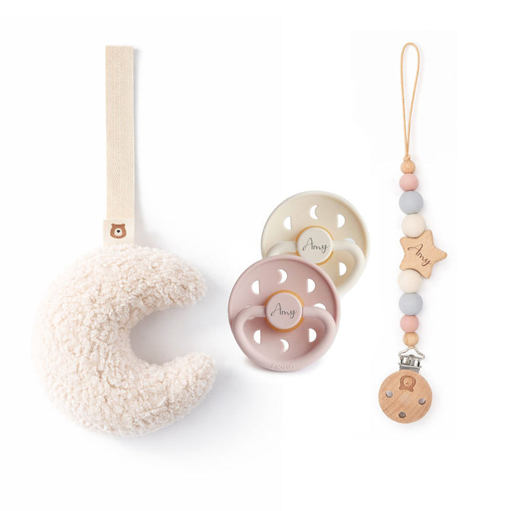 FRIGG Moon Pacifiers & Holders Set - Personalisable Baby Products Sold and Personalised by JustBørn