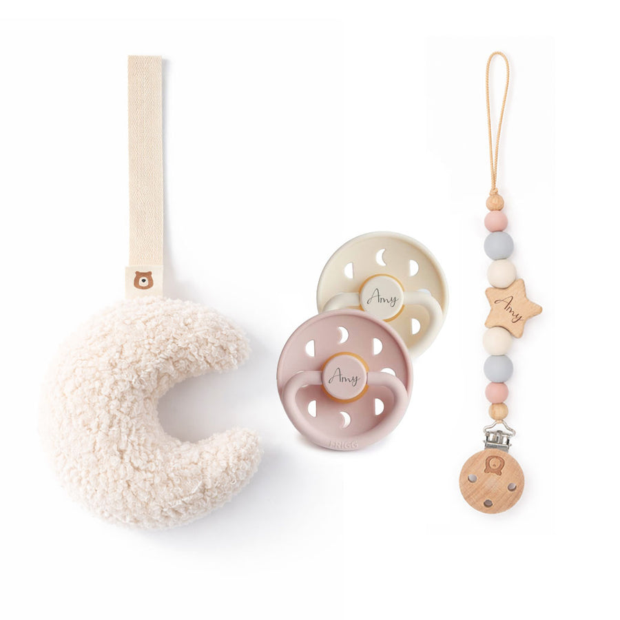 FRIGG Moon Pacifiers & Holders Set - Personalisable Baby Products Sold and Personalised by JustBørn