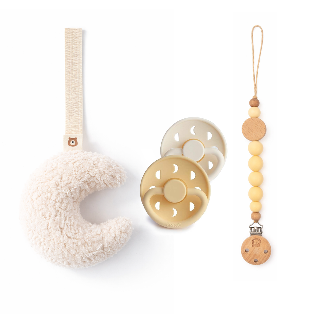 FRIGG Moon Pacifiers & Holders Set Moon Cream & Pale Daffodil Bundle Set - Personalisable Baby Products Sold and Personalised by JustBørn
