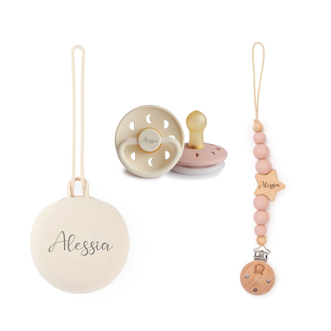 FRIGG Moon Pacifiers & Personalised Holders Set | Glow in the dark Soother Size 1 (0-6m) - Personalisable Baby Products Sold and Personalised by JustBørn