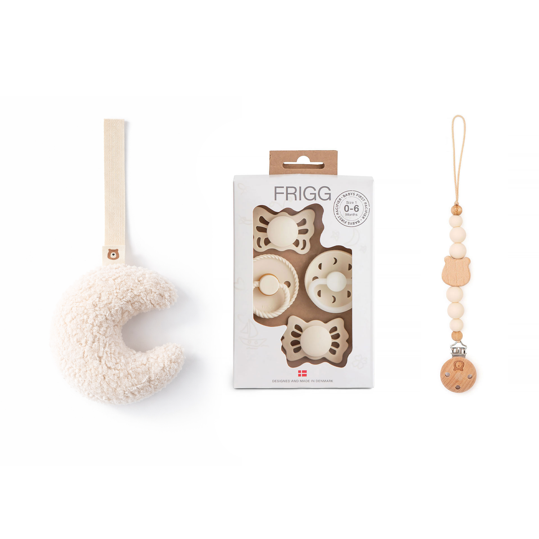 JBØRN x FRIGG Baby Gift Set | Baby's First Pacifiers Pack & Holders Set Moonlight Plush Cream Set - Personalisable Baby Products Sold and Personalised by JustBørn