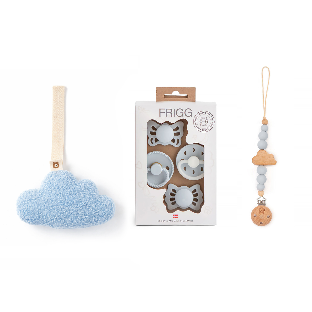 JBØRN x FRIGG Baby Gift Set | Baby's First Pacifiers Pack & Holders Set Moonlight Plush Powder Blue Set - Personalisable Baby Products Sold and Personalised by JustBørn