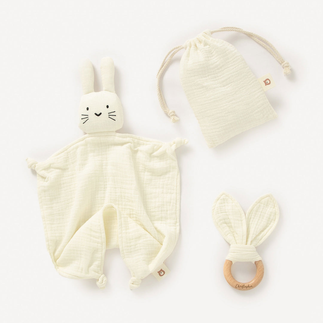 JBØRN Organic Cotton Bunny Comforter & Teether Set - Personalisable Baby Products Sold and Personalised by JustBørn